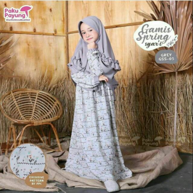Gamis anak spring - gamis anak paku payung - baju muslim anak - baju lebaran - kerudung jilbab anak