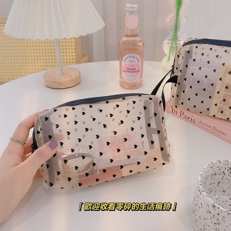 LOVE DOTS TRAVEL MAKE UP POUCH / TRANSPARAN POUCH MOTIF LOVE / TAS SERBAGUNA / TAS MAKE UP PREMIUM