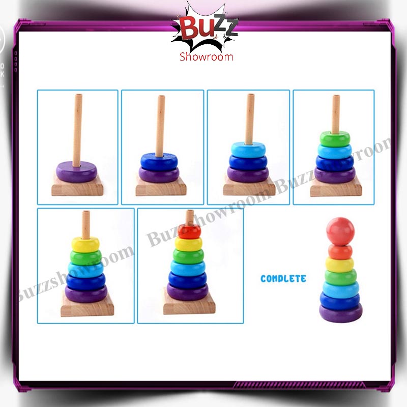 Rainbow Tower Ring Donat Pelangi Kayu Mainan Anak Bayi Montessori Wooden