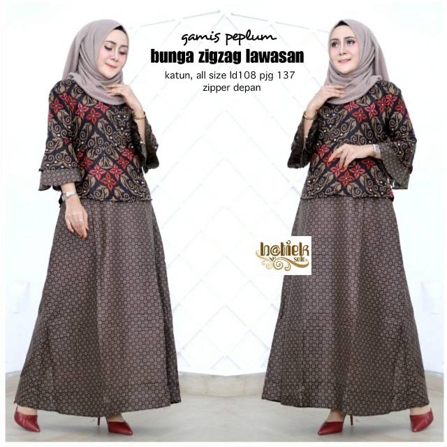 Couple Gamis Peplum Bunga Zigzag Lawasan Batik Marini Long Maxi Muslim Pesta Seragaman Sarimbit