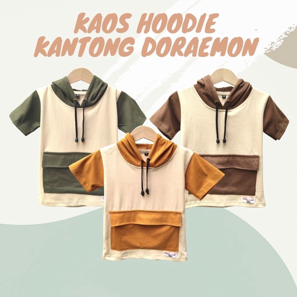 Kaos Hoodie Kantong Anak Doraemon Two Tone Bahan Premium Lembut Tebal Nyaman 1 - 8 Tahun