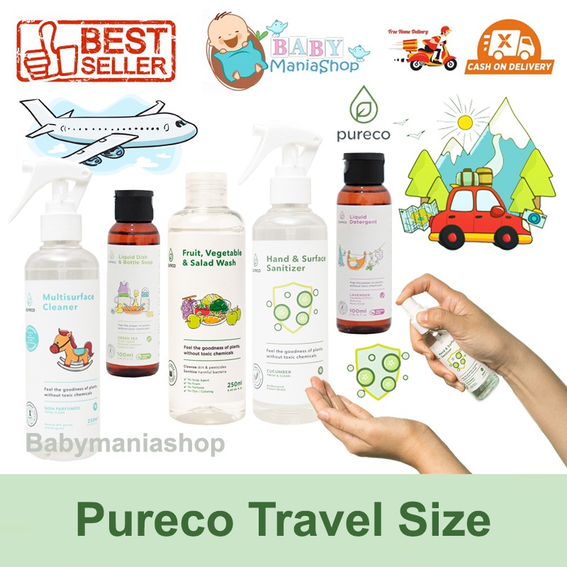 PURECO Travel Size Hand Surface Sanitizer 60ml 100ml 250ml Detergent Dish Soap Fruit Vage Salad Wash