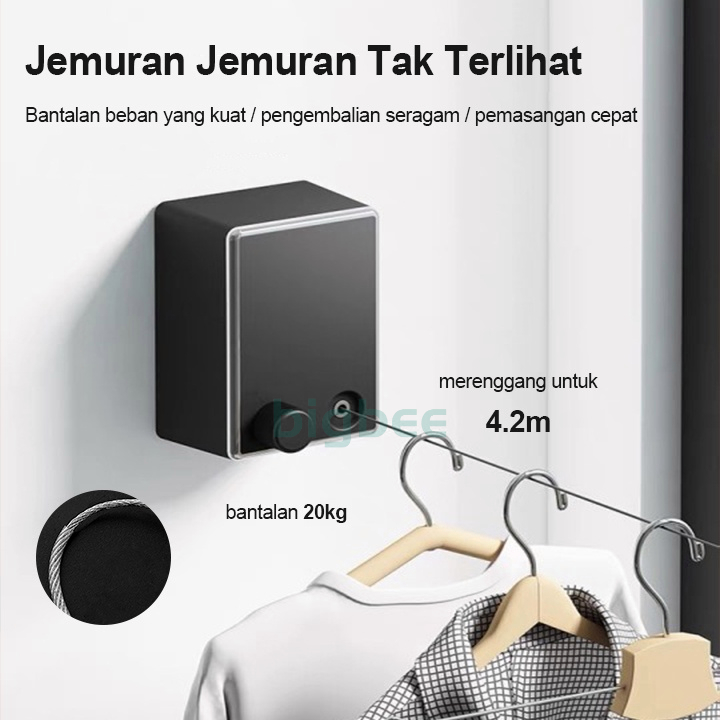 20KG 4.2M Jemuran Baju Portable Indoor Outdoor Retractable Tali Clothesline Bahan Stainless Hitam Putih