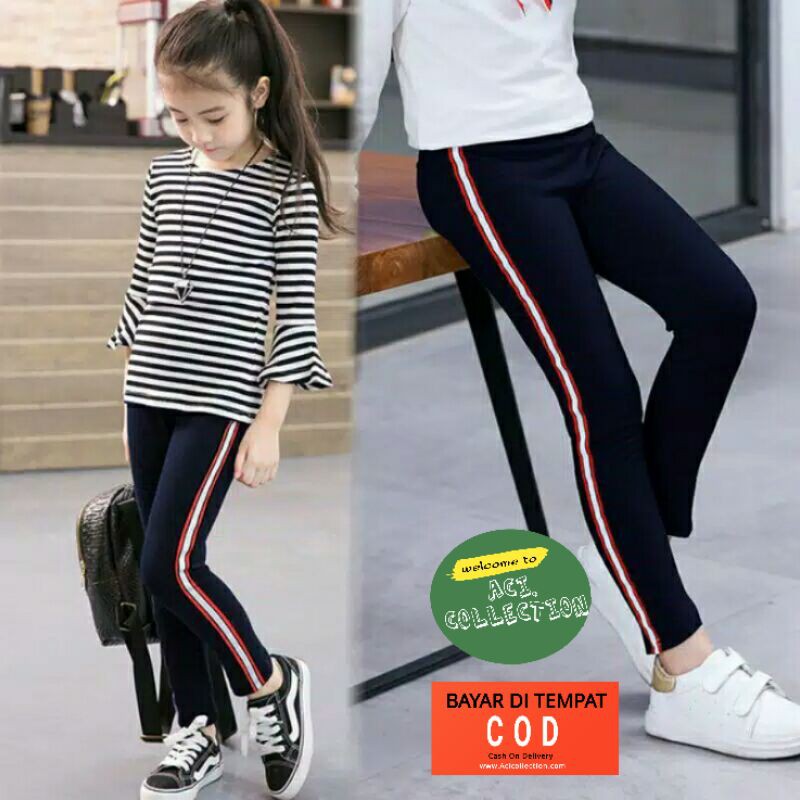 Legging List Stripe anak perempuan Bahan Jersey Usia 6 -13THN