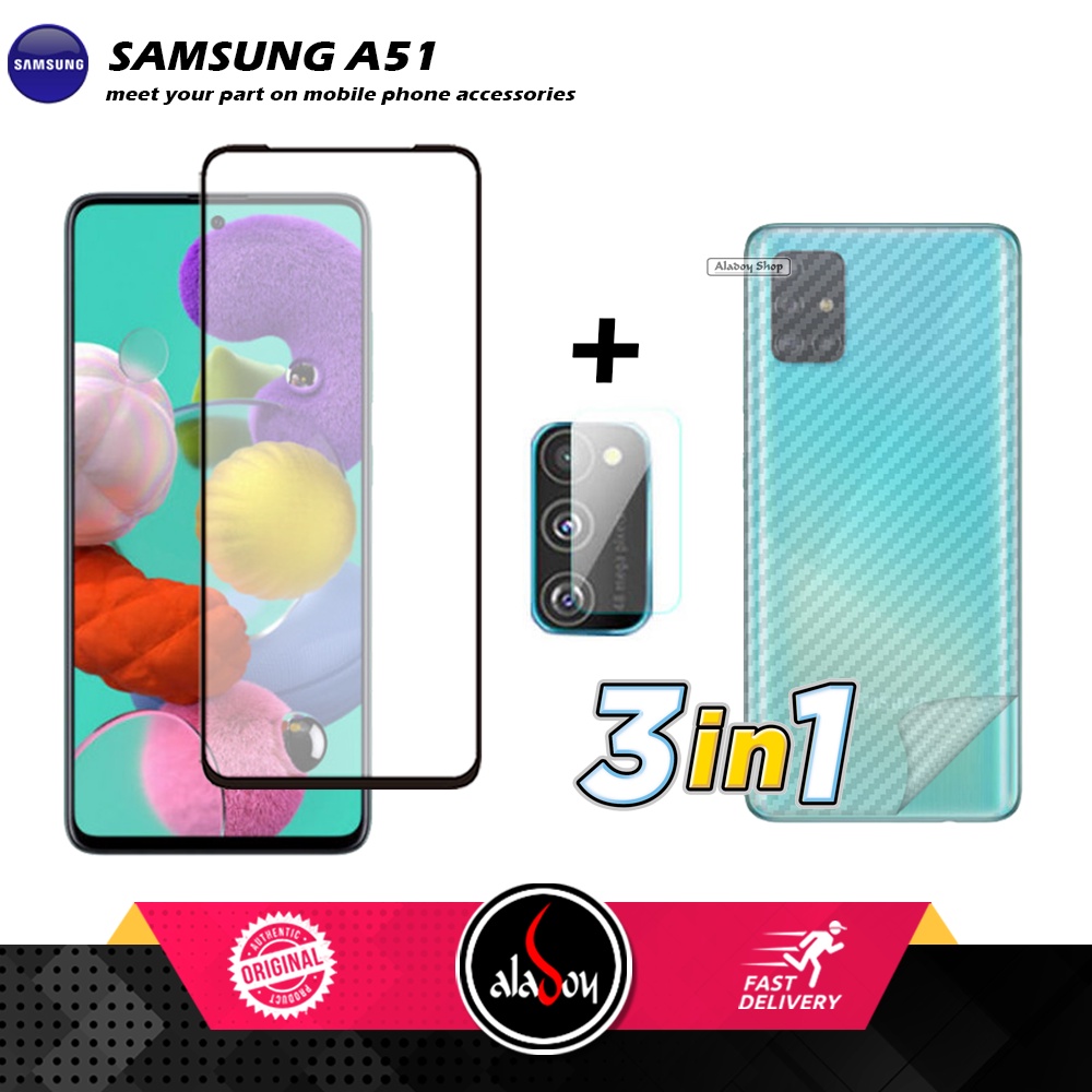 PAKET 3 IN 1 Tempered Glass Layar Samsung A51 , Samsung A71 Free Tempered Glass Camera dan Skin Carbon