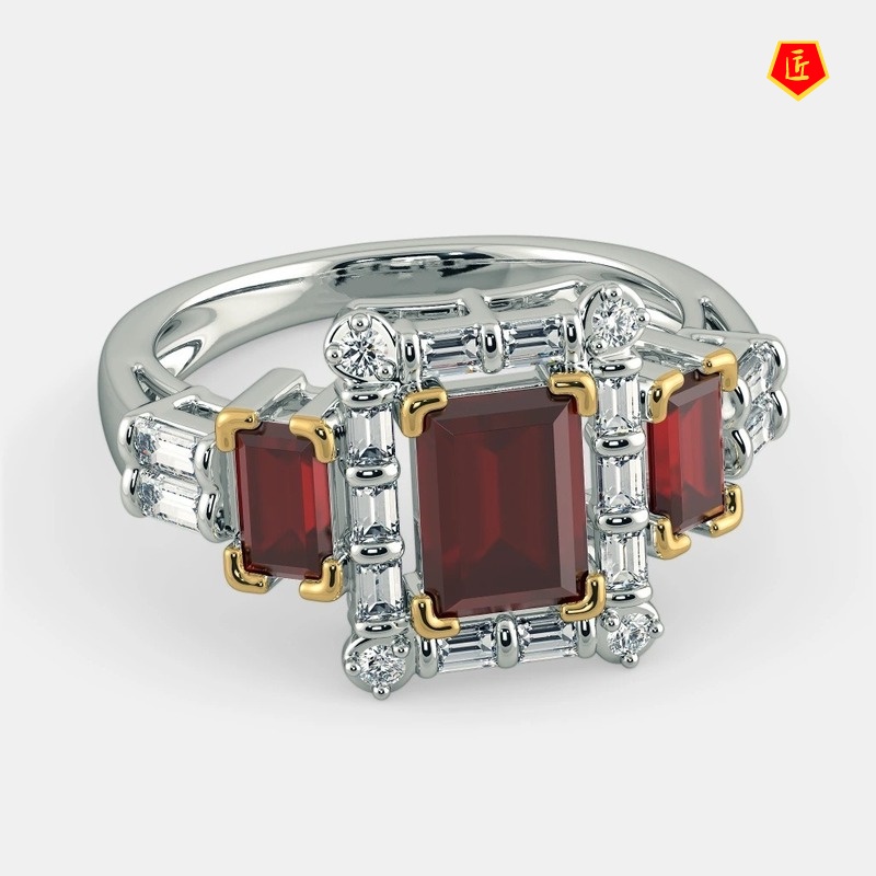 [Ready Stock]Elegant Fashion Inlaid Emerald Ruby Square Diamond Ring