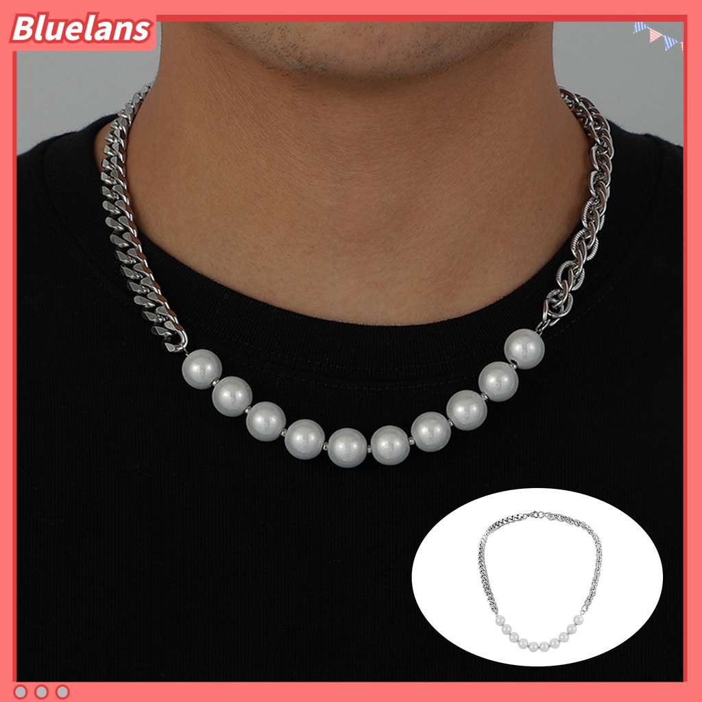 Kalung Choker Bahan Stainless Steel Polished Aksen Mutiara Imitasi Untuk Pria