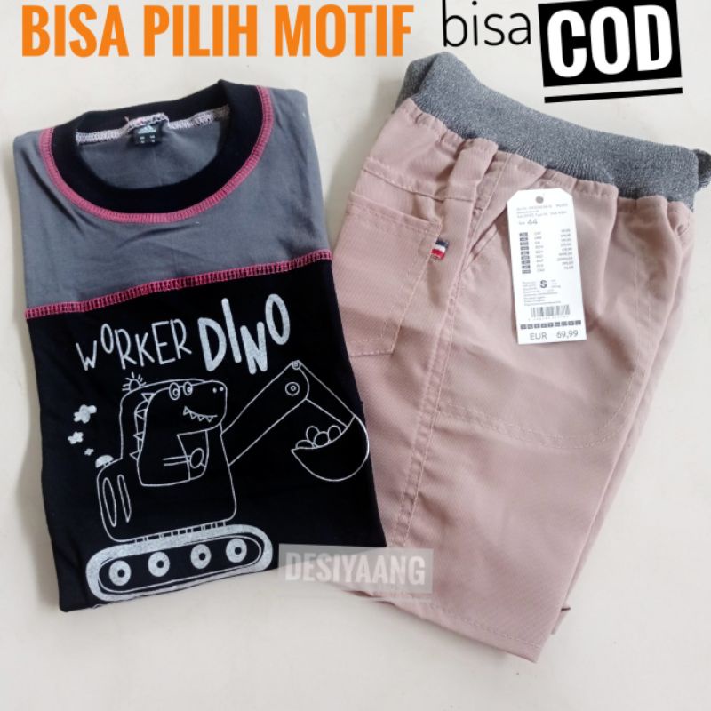 SETELAN ANAK HARIAN LAKI LAKI DINOSAURUS EKSAVATOR SIZE S USIA 2 3 4TAHUN / SET ANAK DISTRO KAOS OBLONG DAN CELANA PENDEK CHINOS