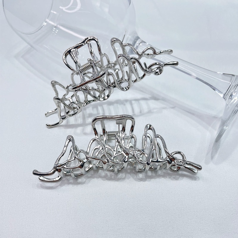 We Flower Irregular Liquid Metal Hair Claw Clips for Women Girls Hollow Silver Alloy Ponytail Holder Headwear