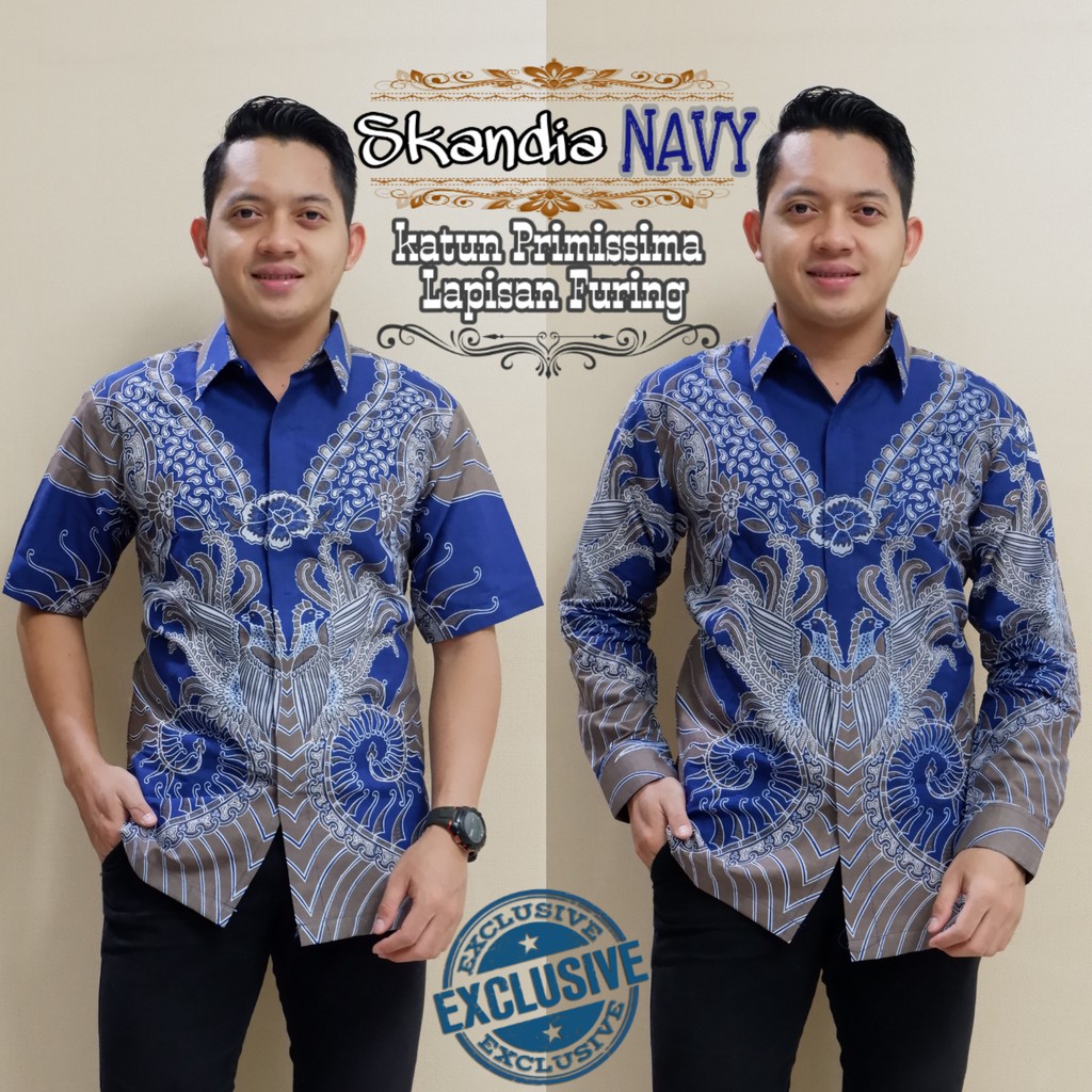 SKANDIA NAVY Kemeja Batik Pria Full Furing Katun Primisima