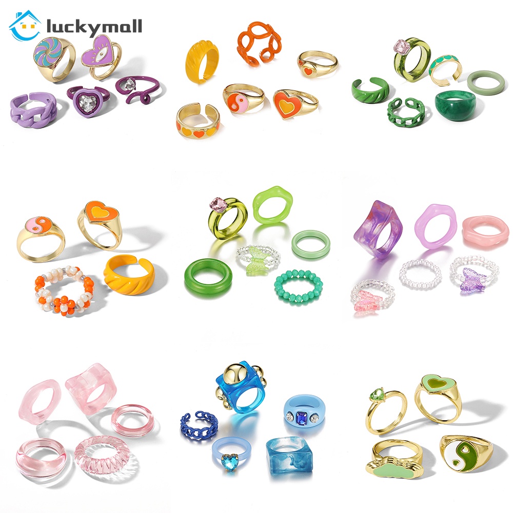 6 pcs / set Warna Resin Cincin Set Logam Terbuka Cincin Untuk Wanita Fashion Kunci Perhiasan Aksesoris Hadiah