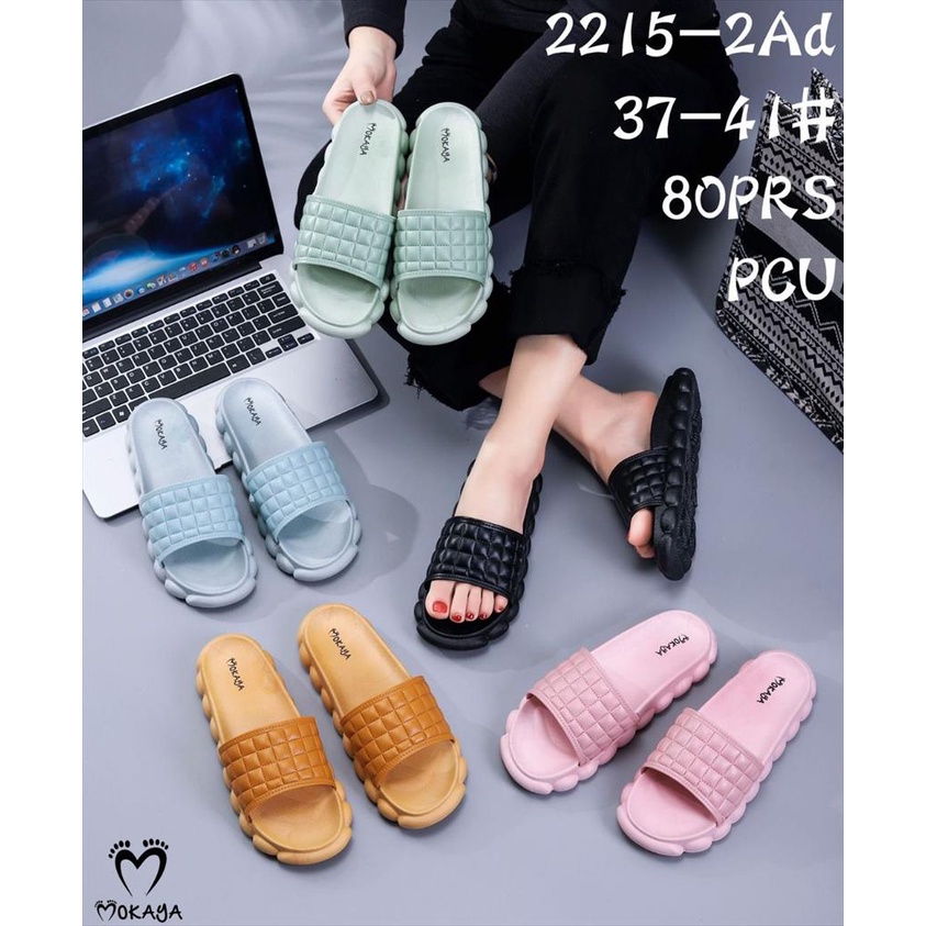 Sandal Slop Jelly Wanita Ban Motif Kotak Kecil Sol Pinggir Gelombang Tebal Empuk Anti Slip Simple Elegant Import Mokaya / Size 37-41 (2215-2Ad)