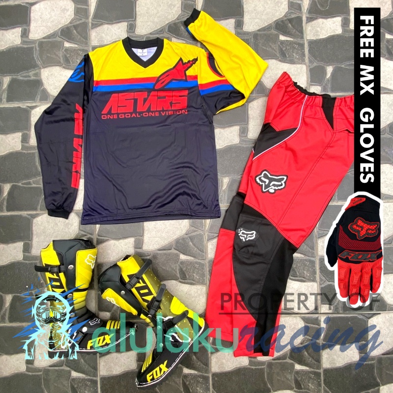 Jersey, Celana, Sarung Tangan &amp; Sepatu Fullprint with Protectors Fullset MX Trail Motocross - Paket Bundling ASCTFG040307-F43