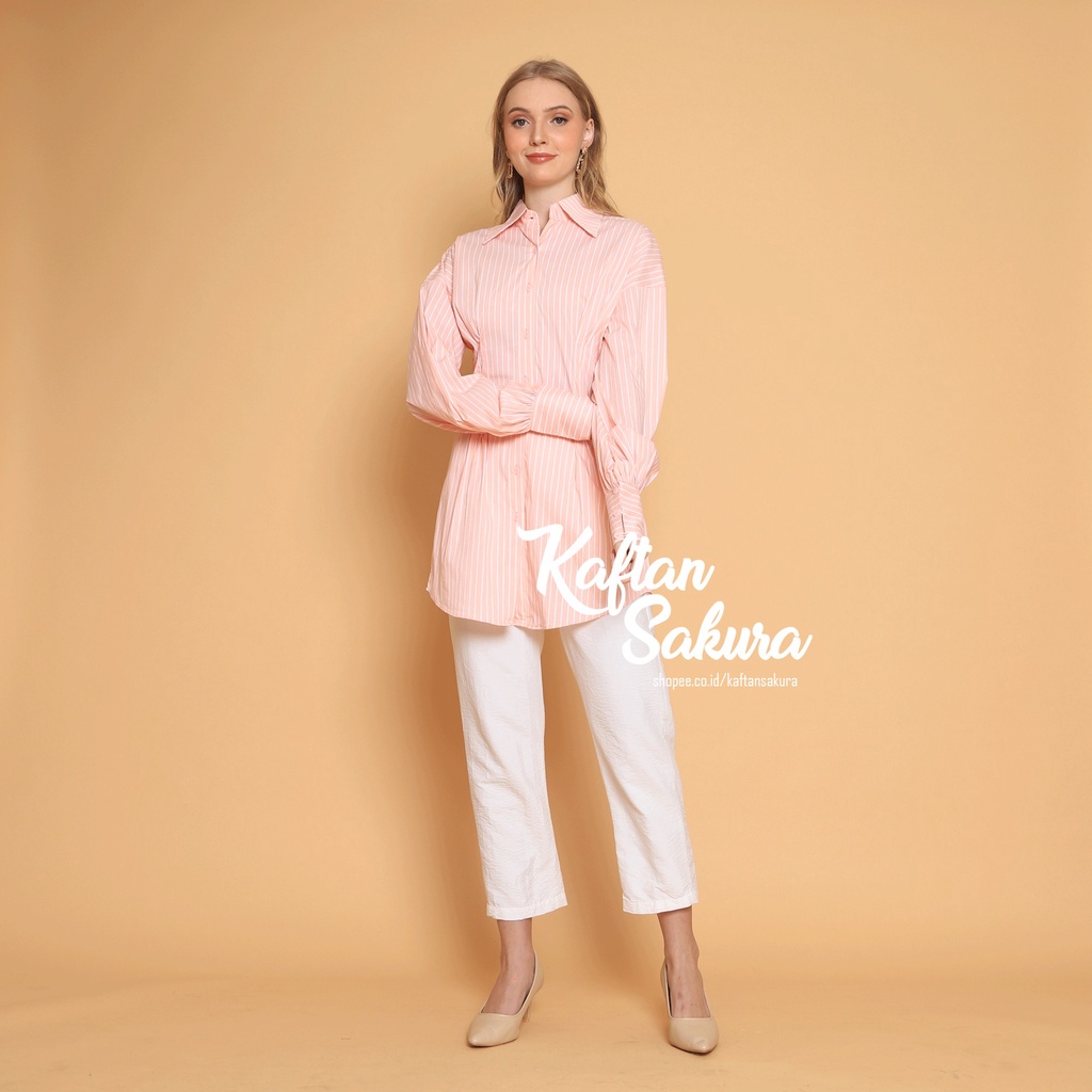 Blouse kemeja Shirt premium salur atasan top wanita Ukuran S M L kemeja kerja bahan katun