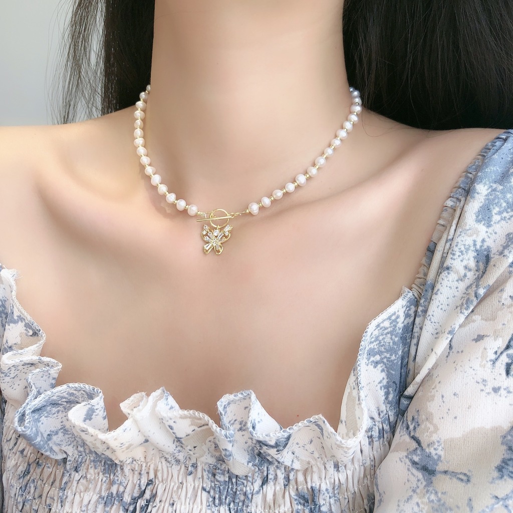 Kalung Rantai Sterling Silver Dengan Liontin Kupu-Kupu + Mutiara + Batu Zircon Untuk Wanita