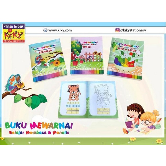 ( 1 Buku - 8 Lembar ) BUKU MEWARNAI KIKY CHILDREN COLORING BOOK/ BUKU LATIHAN MEWARNAI BELAJAR MEMBACA DAN MENULIS TK PG KG PLAYGROUP BUAH SAYUR MOBIL BINATANG ANIMAL FRUIT CAR VEGETABLE