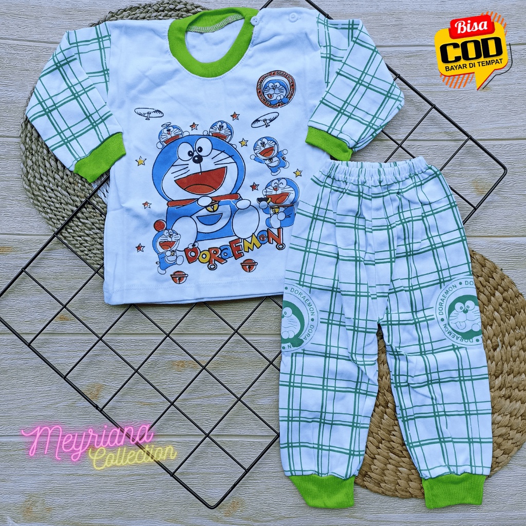 Setelan Baju Bayi Lengan Panjang Kaos Oblong Kancing Bahu Piyama Anak Usia 3-12 Bulan Motif Doraemon Meyriana Collection