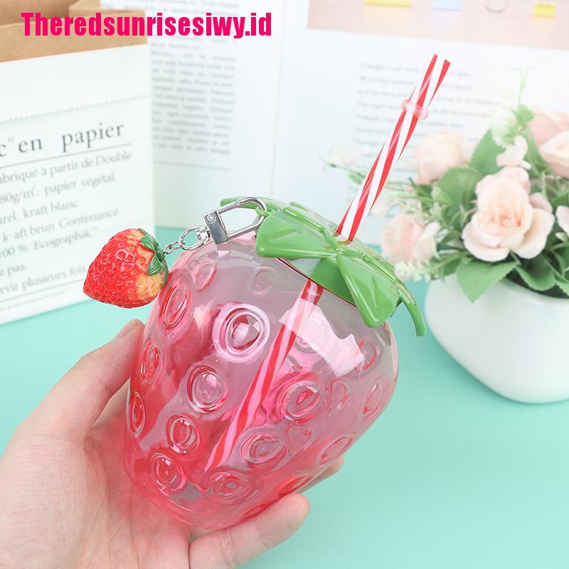 Kartun Lucu Strawberry Girl Heart Straw Cup Portable Gelas Plastik