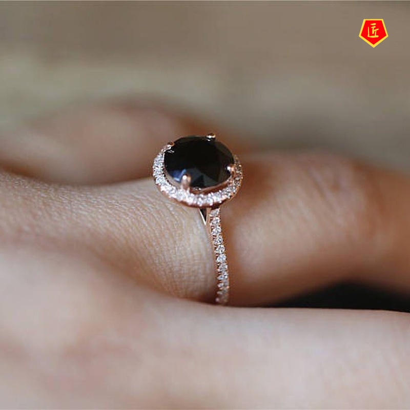 [Ready Stock]Inlaid Black Gem Rose Gold Ring Fashionable and Elegant