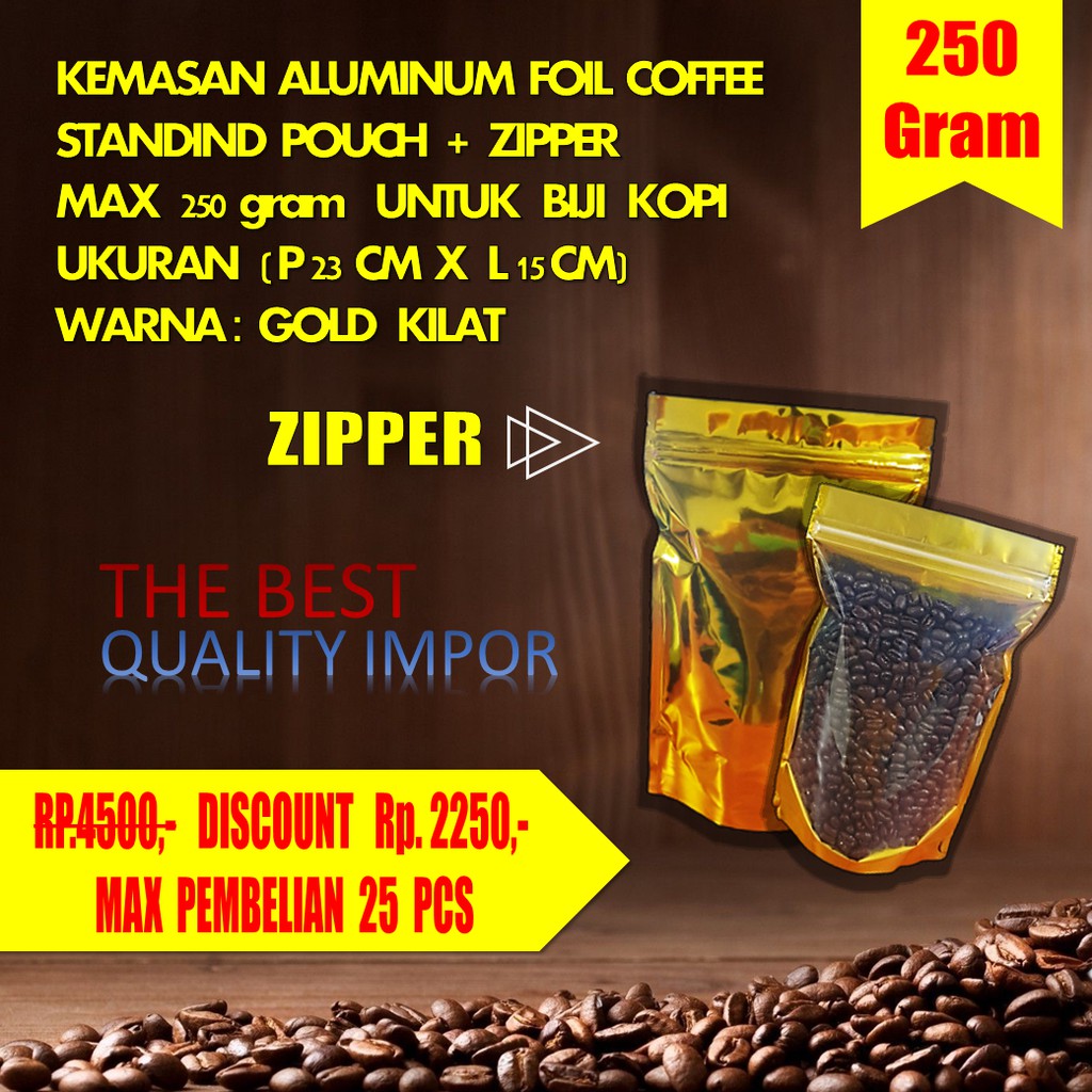 

Kemasan Kopi Aluminium Foil 250gram Standing Pouch | TRANSPARANT