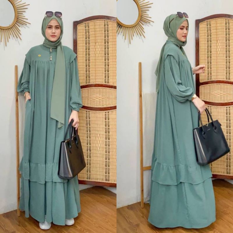 Kalla Gamis Wanita Crinkle Airflow Import Dress Jumbo Lengan Panjang Karet Baju Wanita Kekinian LD 120  cm