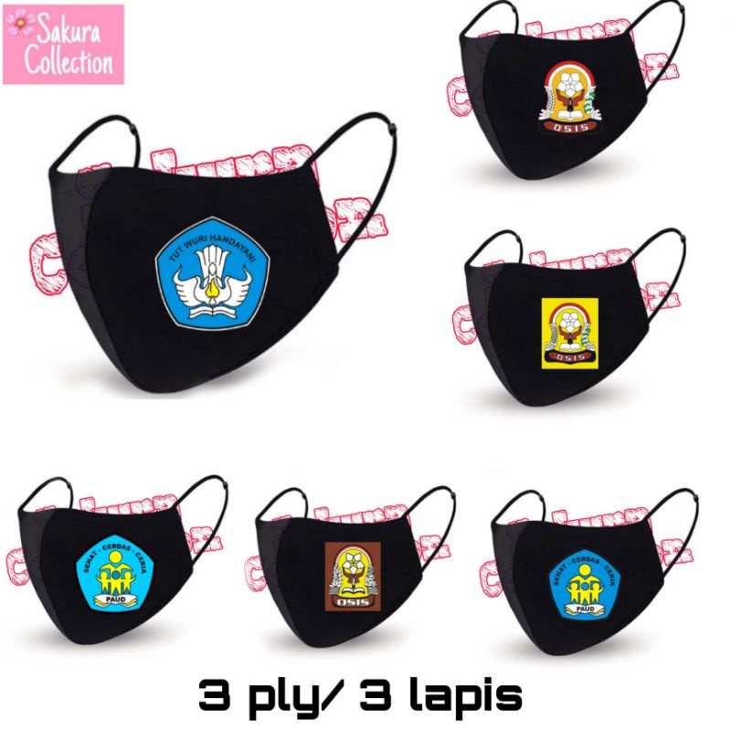 Masker Kain 3 ply Lapis LOGO Sekolah TUT WURI HANDAYANI, OSIS , PAUD TK SD SMP Scuba Anak Dewasa / Earloop Anak Sekolah dan Guru