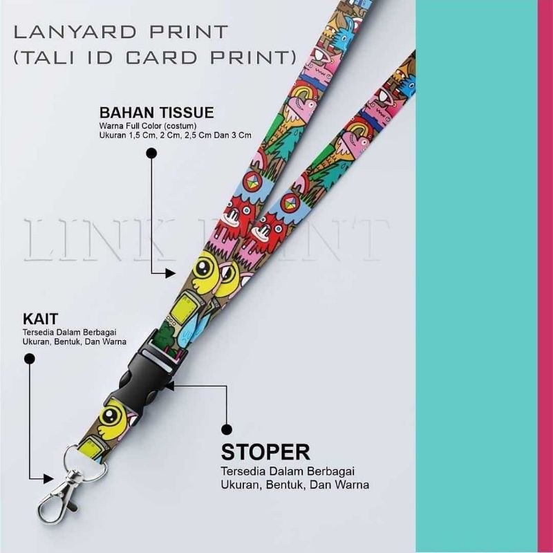 

GANTUNGAN LANYARD (TALI ID CARD) PRINT DUA SISI FULL COLOR LEBAR 2 CM + STOPER KAIT