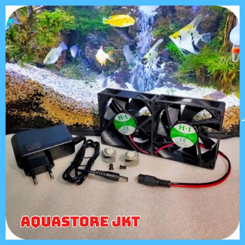 KIPAS AQUARIUM AQUASCAPE DOUBLE FAN LENGKAP DENGAN ADAPTOR