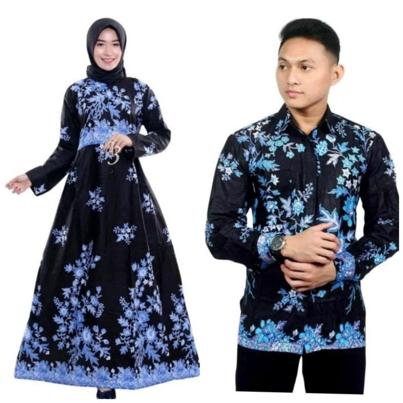 Batik Couple Keluarga Modern Sania Ruffle Ori Ndoro Jowi Dnt Motif cibulan biru-Couple kemeja