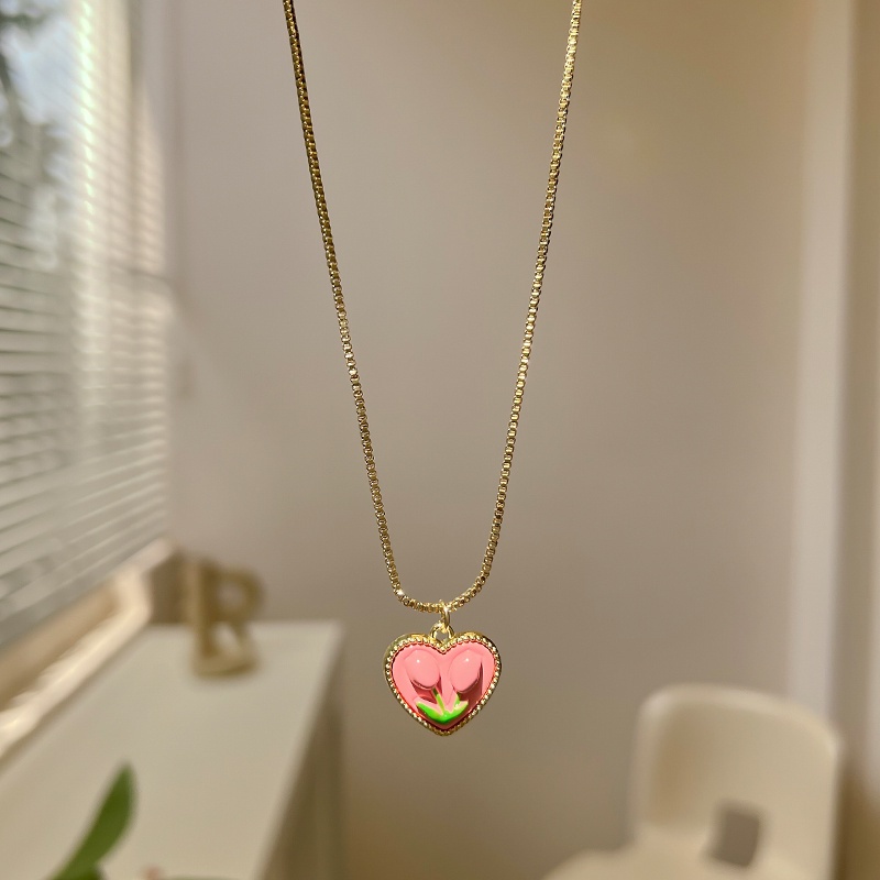 Kalung Rantai Emas Liontin Hati Tulip Pink Untuk Wanita