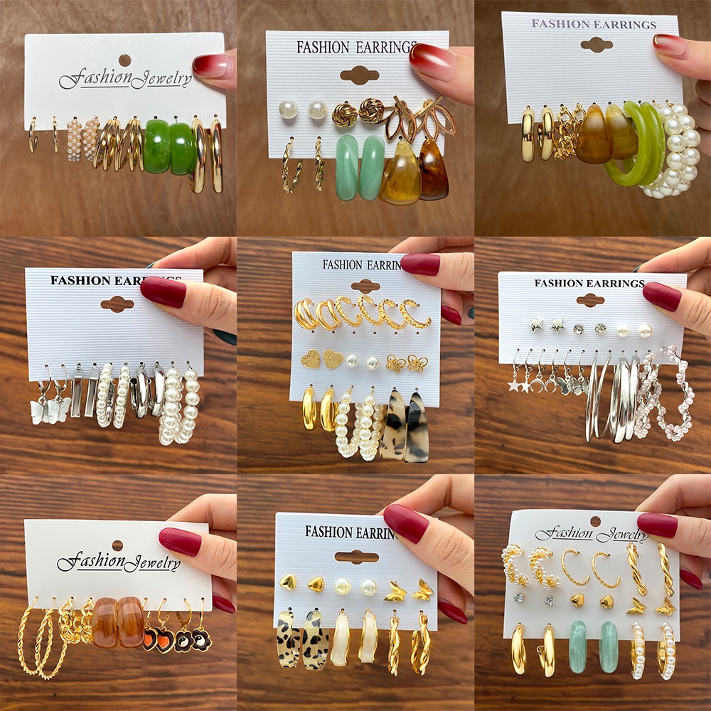 9 Pcs / Set Anting Tusuk Model Kupu-Kupu / Ular Bahan Resin Warna Emas / Silver Untuk Wanita