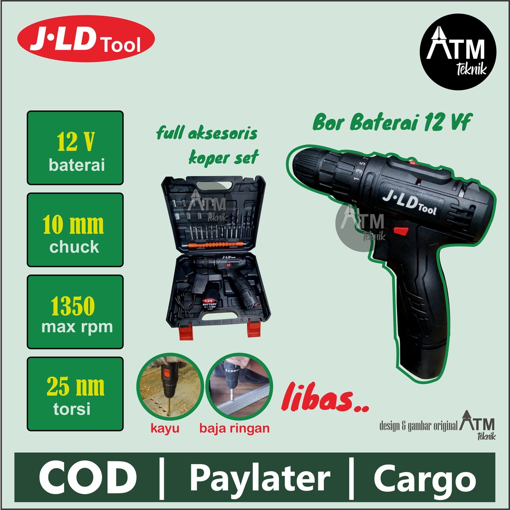 JLD 12V - Set Bor Obeng Bor Baterai 12 Volt 2 Baterai Cordlesss Drill