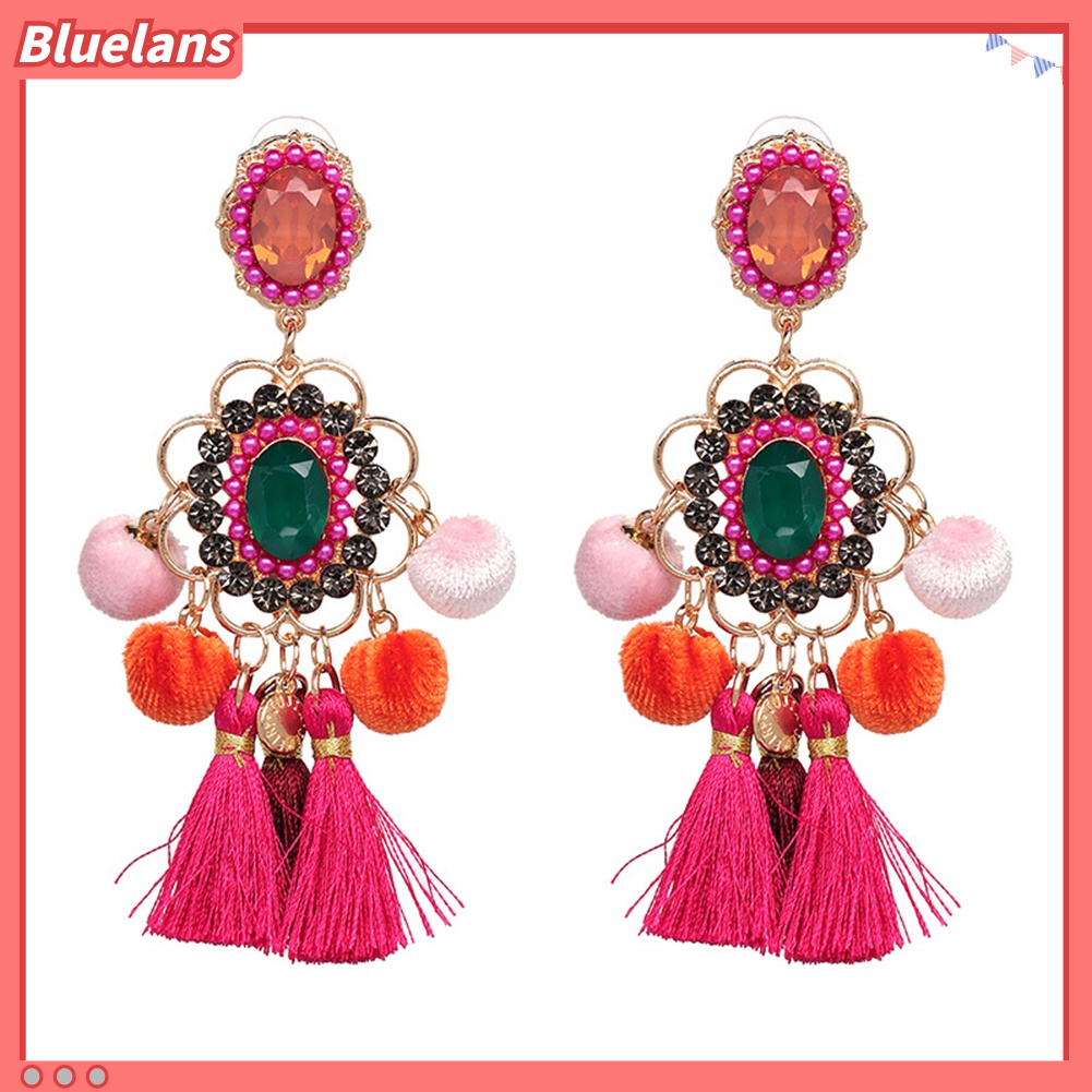 Anting Stud Tassel Pompom Bunga Berlian Imitasi Untuk Wanita