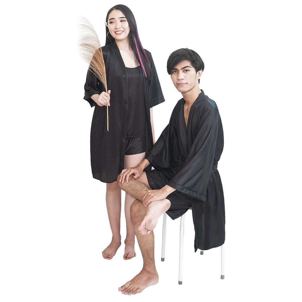 FOLVA baju tidur kimono couple pasangan satin 1494BCPL hitam all size