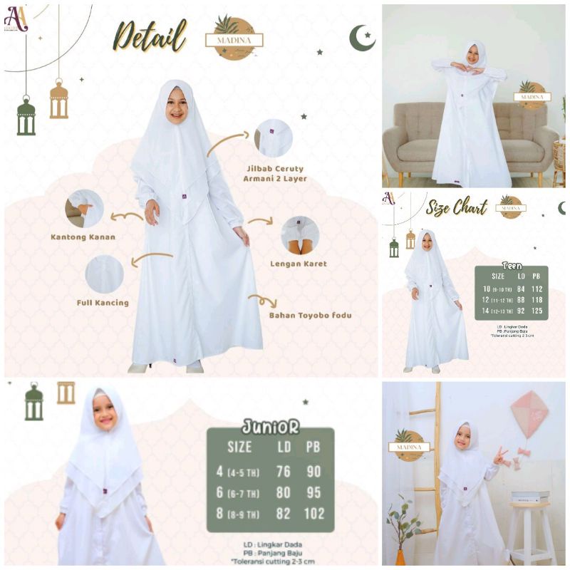 Ready siap kirim  Gamis Madina Series Putih usia 4-14 Tahuh