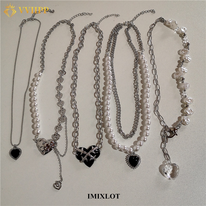 Elegant Heart Cross Tassel Pendant Necklace Pearl Stitching Silver Chain Choker for Women Accessories Jewelry