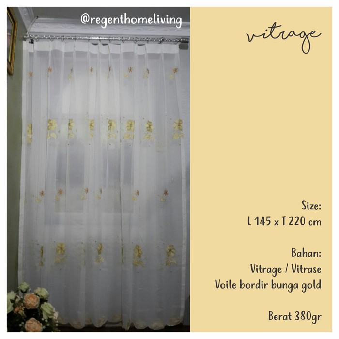 Vitrase / Vitrage Gorden Jendela Bordir Bunga Gold Murah - PT1678