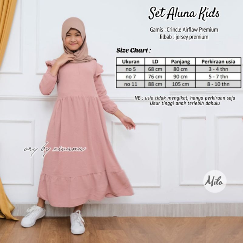 Set Aluna Kids (Gamis Anak + Jilbab) Crincle Umur 3 - 10 thn