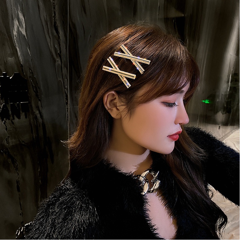 Fashion Huruf X Jepit Rambut Wanita Korea vintage Mutiara glitter Berlian Poni Klip