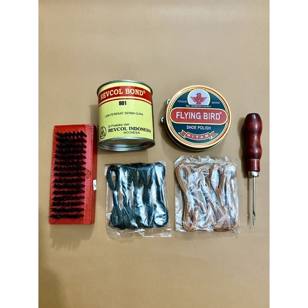 Paket Murah Alat Jahit Sepat Jarum + Tali Benang Coklat Hitam + Lem + Sikat Semir + Shoe Polish