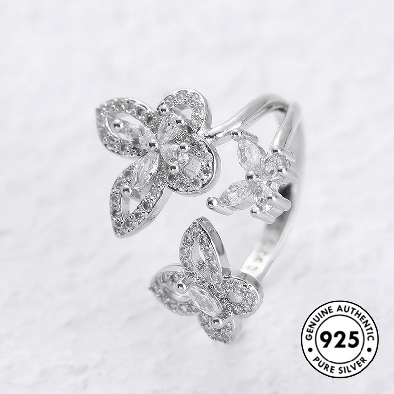 Cincin Desain Kupu-Kupu Aksen Berlian Bahan S925 Sterling Silver