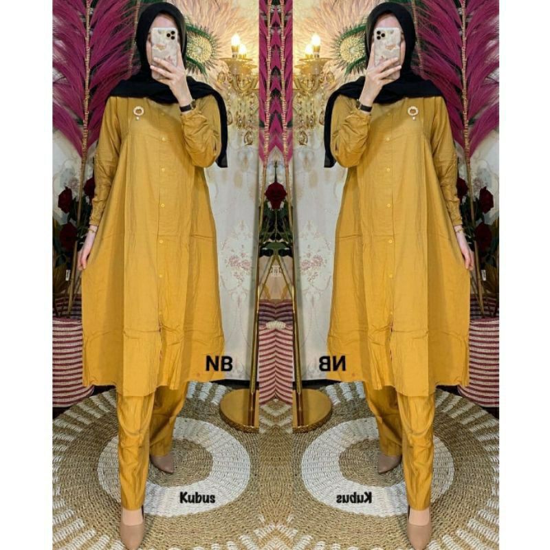 SETELAN TUNIK RAYON POLOS KANCING DEPAN STELAN MUSLIMAH LD 110