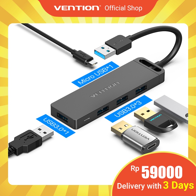 Vention Hub Usb 3.0 4 Port Ultra Slim Portable Dengan Power Supply Untuk  Surface Pro/Notebook/Pc/Laptop