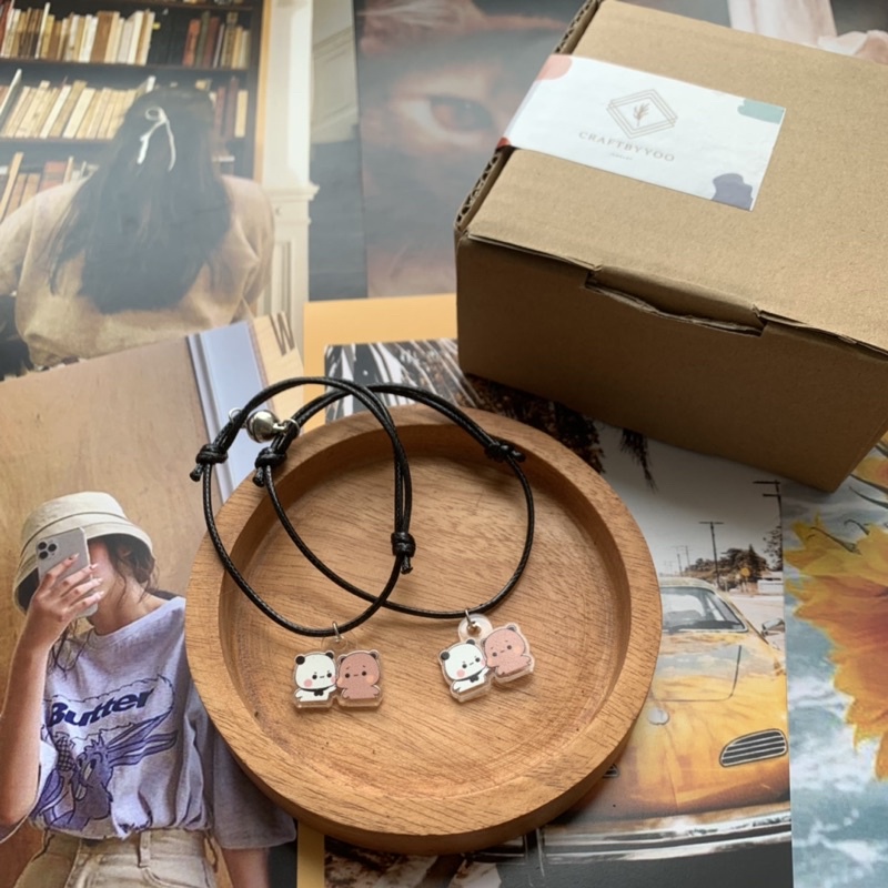 Gelang panda gemoy cubit pipi tali hitam polos magnetic couple