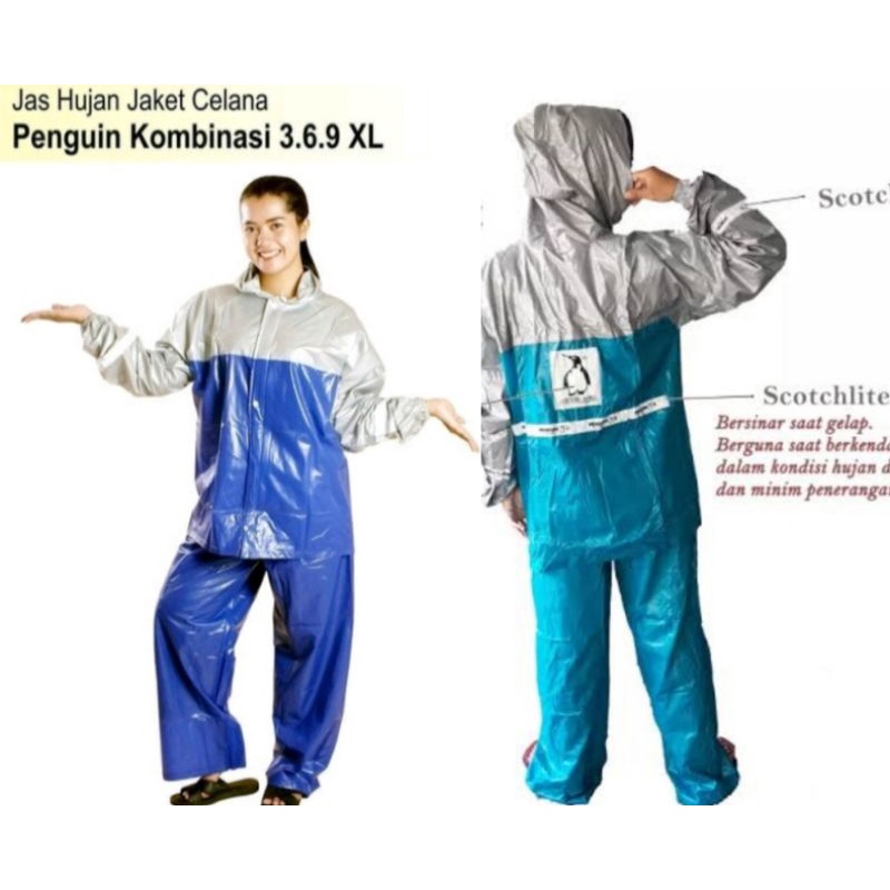 Jas Hujan Penguin P333 XL- XXL -XXXL Karet / Raincoat Penguins Setelan Jaket Baju Celana Jumbo Dewasa Pria Wanita Cewek Cowok Remaja Tebal Kuat Terlaris Murah Berkualitas / Mantel Pinguin Sporty Kombinasi