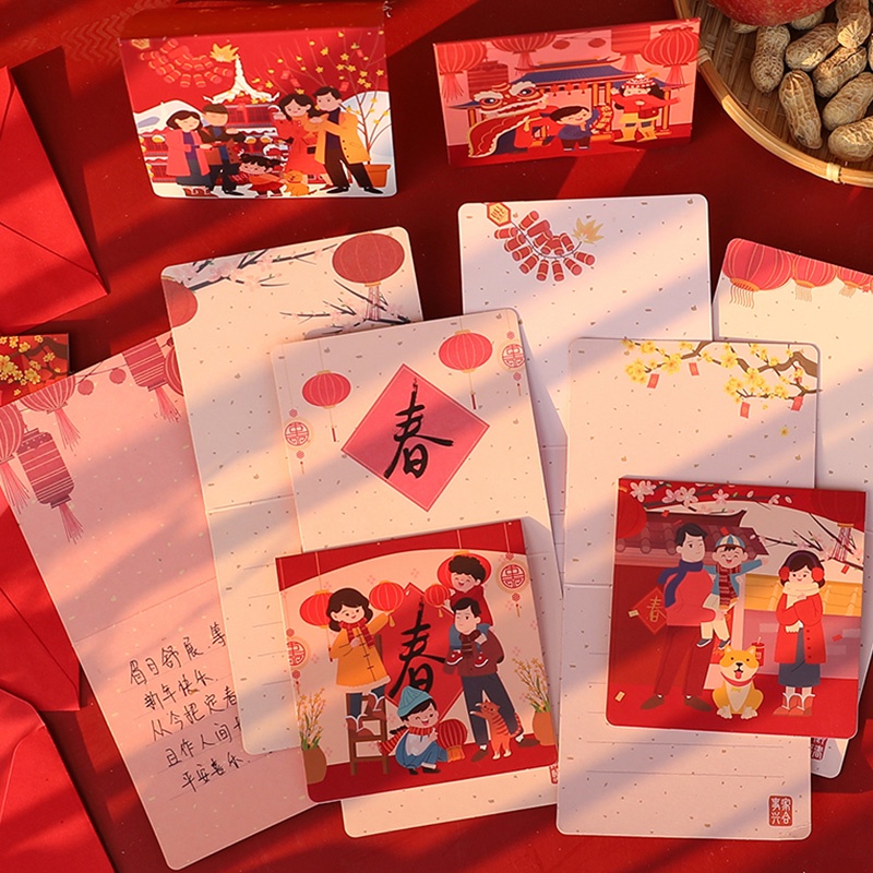 6pcs Kartu Ucapan Selamat Tahun Baru Retro Merah Dengan Amplop Liburan Gaya Cina Wishes Card