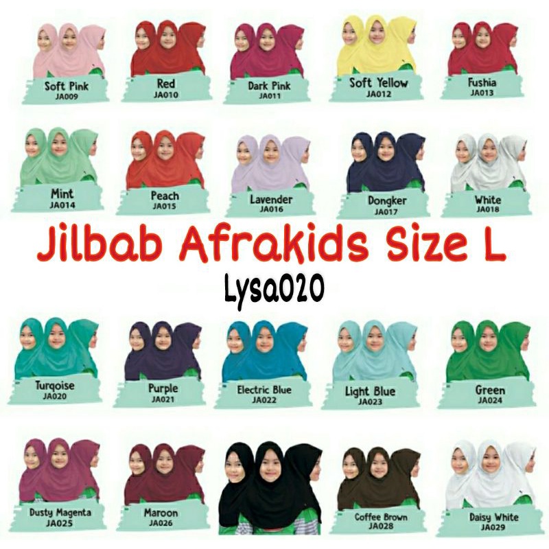 SIZE L JILBAB AFRAKIDS dan SABINFATIN (AFRAKIDS NEW) ORIGINAL 20 WARNA