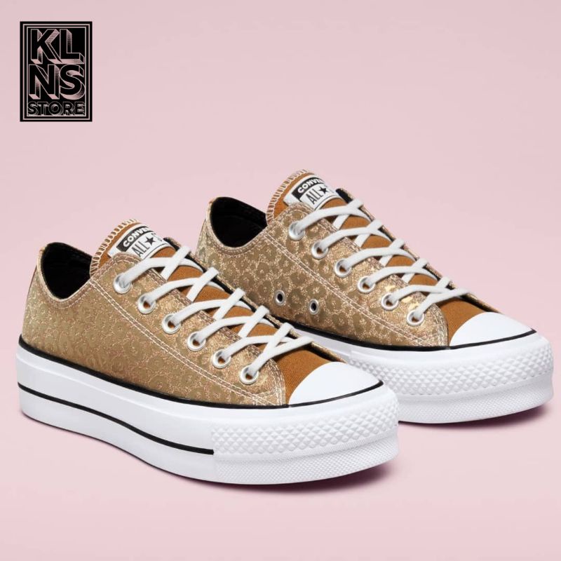 SEPATU CONVERSE ORIGINAL / CONVERSE CT OX LEOPARD GLITTER PLATFORM GOLD BLACK WHITE