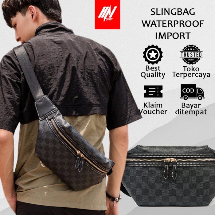 Tas Selempang Motif vl Damier Sling Bag Pria Wanita - Waist Bag Kulit Impor