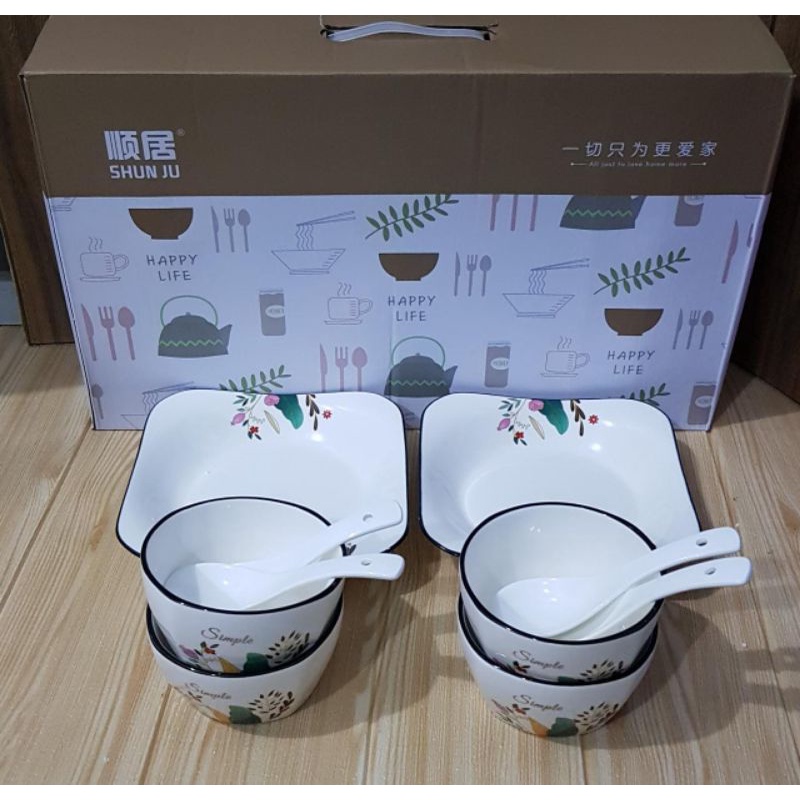 BPT - WBOWL2600 Peralatan Makan Keramik Simple Set Motif Daun / Piring, Mangkok & Sendok Best Seller